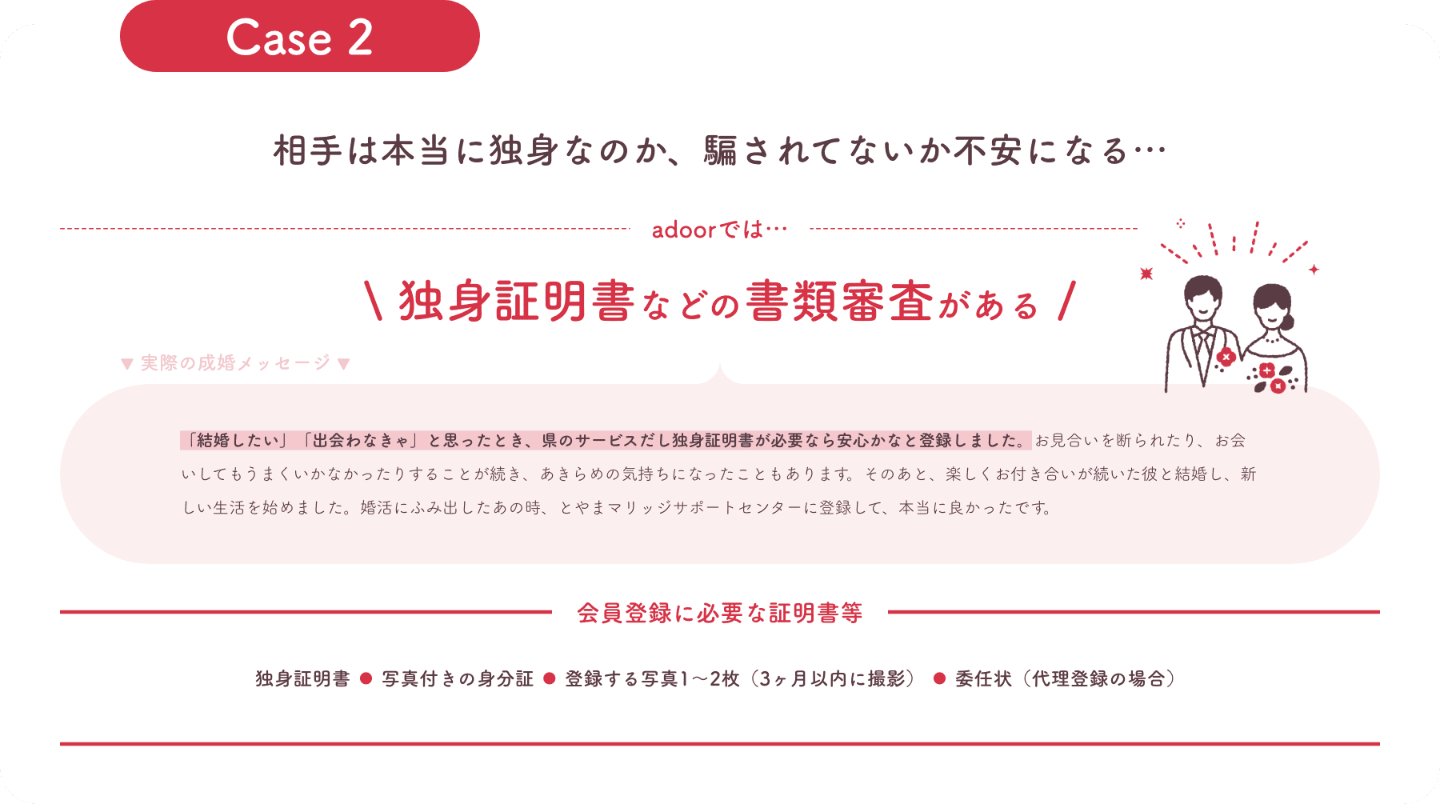 相手は本当に独身なのか不安だったが、アドアでは独身証明書などの書類審査があるため安心かなと登録。