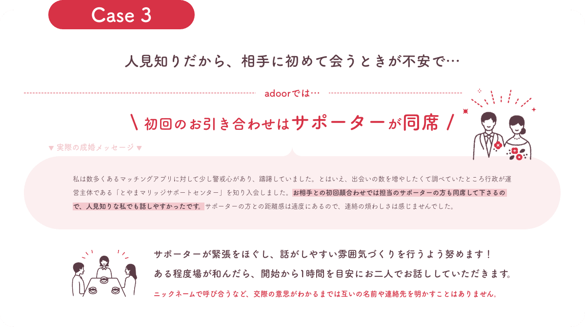 人見知りだから初対面が不安だったが、初回のお引き合わせはサポーターが同席。話しやすかった。