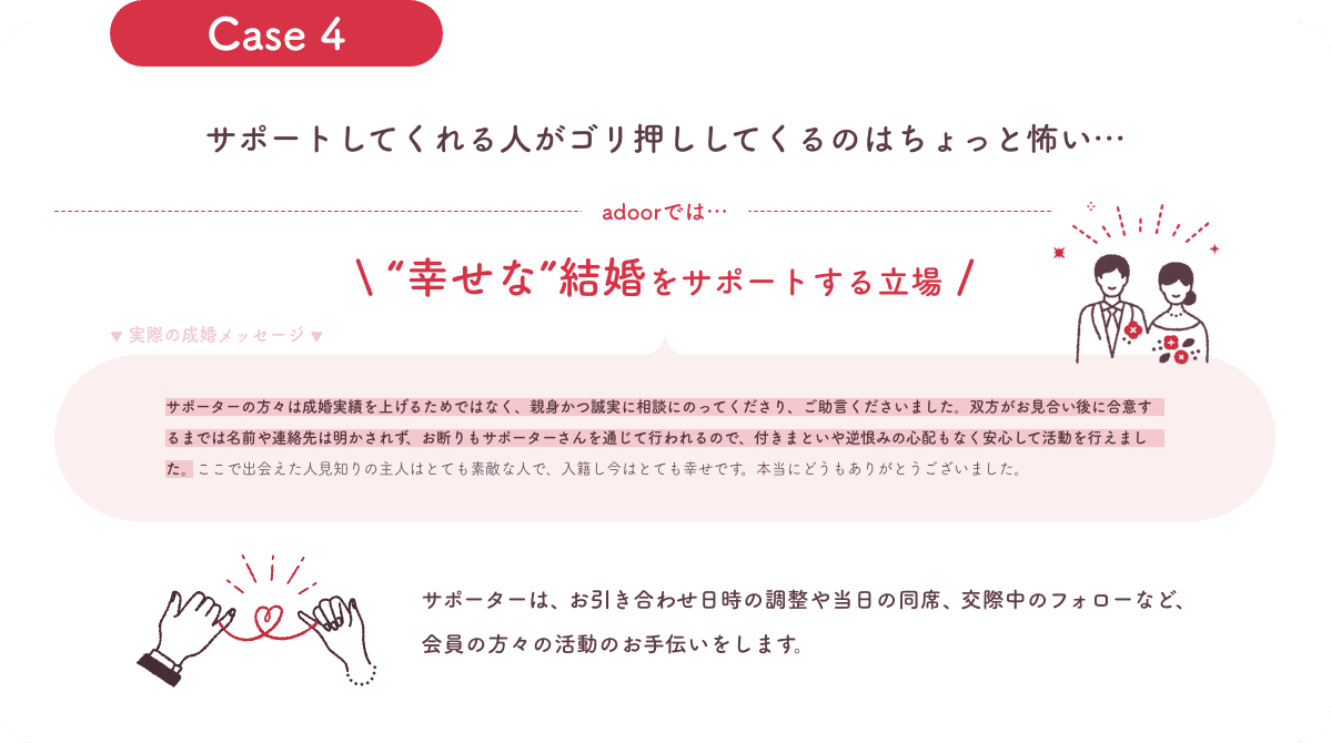 サポートする人が親身かつ誠実に対応してくれた。合意するまでは名前や連絡先も明かされず、お断りもサポーターさんを通じて行われるので、安心して活動できた。