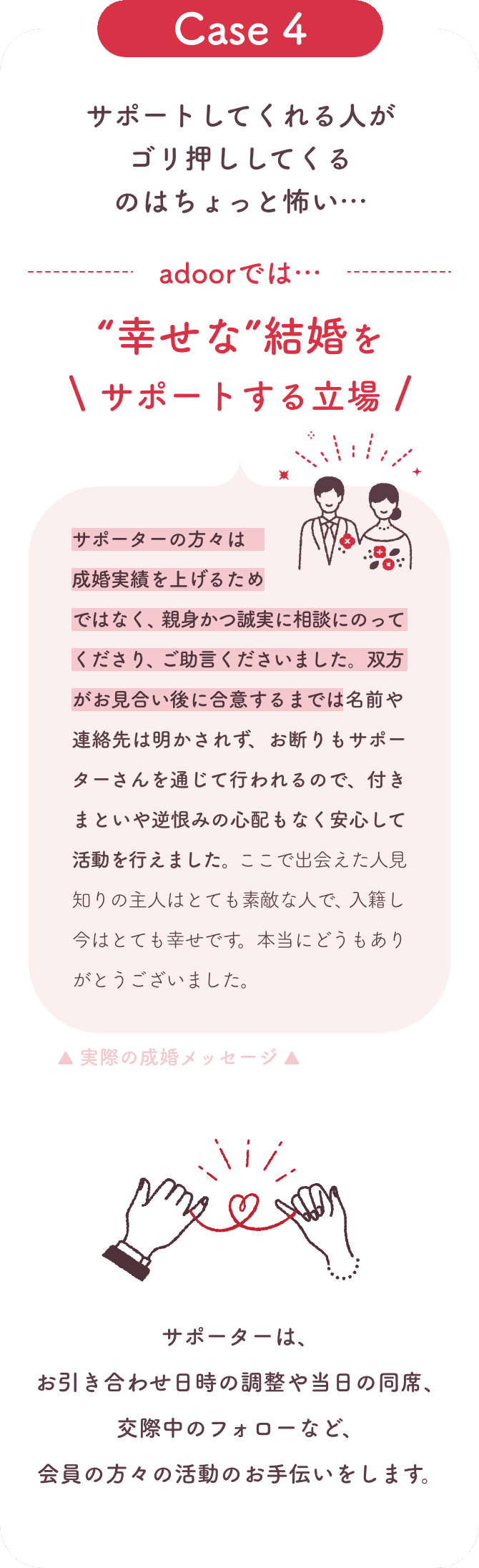 サポートする人が親身かつ誠実に対応してくれた。合意するまでは名前や連絡先も明かされず、お断りもサポーターさんを通じて行われるので、安心して活動できた。