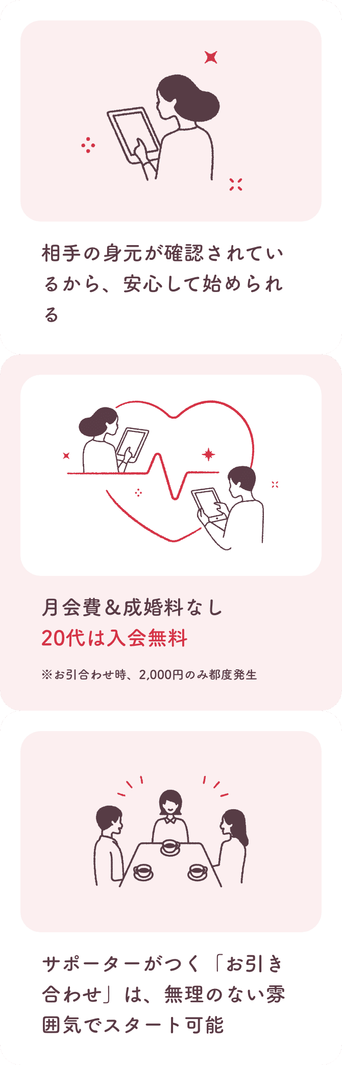 相手の身元が確認されているから、安心して始められる。月会費、成婚料なし、20代は入会無料。お引き合わせ時2000円のみ都度発生。サポーターがつく「お引き合わせ」は無理のない雰囲気でスタート可能。